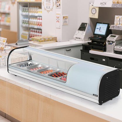 Sushi-kylskåp, 52 liters kommersiell sushilåda, bänkmonter med 5 bänkskivor, böjt glas, LED-belysning och digital temperaturkontroll, för sushibardisk, restaurang, butik