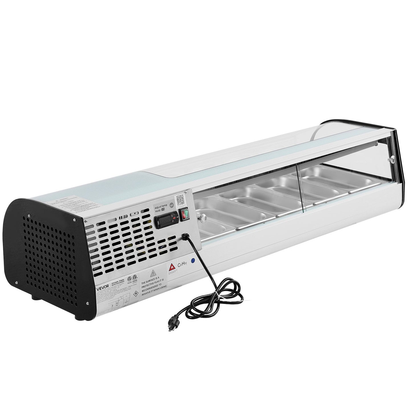 Sushi-kylskåp, 52 liters kommersiell sushilåda, bänkmonter med 5 bänkskivor, böjt glas, LED-belysning och digital temperaturkontroll, för sushibardisk, restaurang, butik