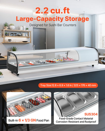 Sushi-kylskåp, 62 liters kommersiell sushilåda, bänkmonter med 6 lådor, böjt glas, LED-belysning och digital temperaturkontroll, för sushibardisk, restaurang, butik