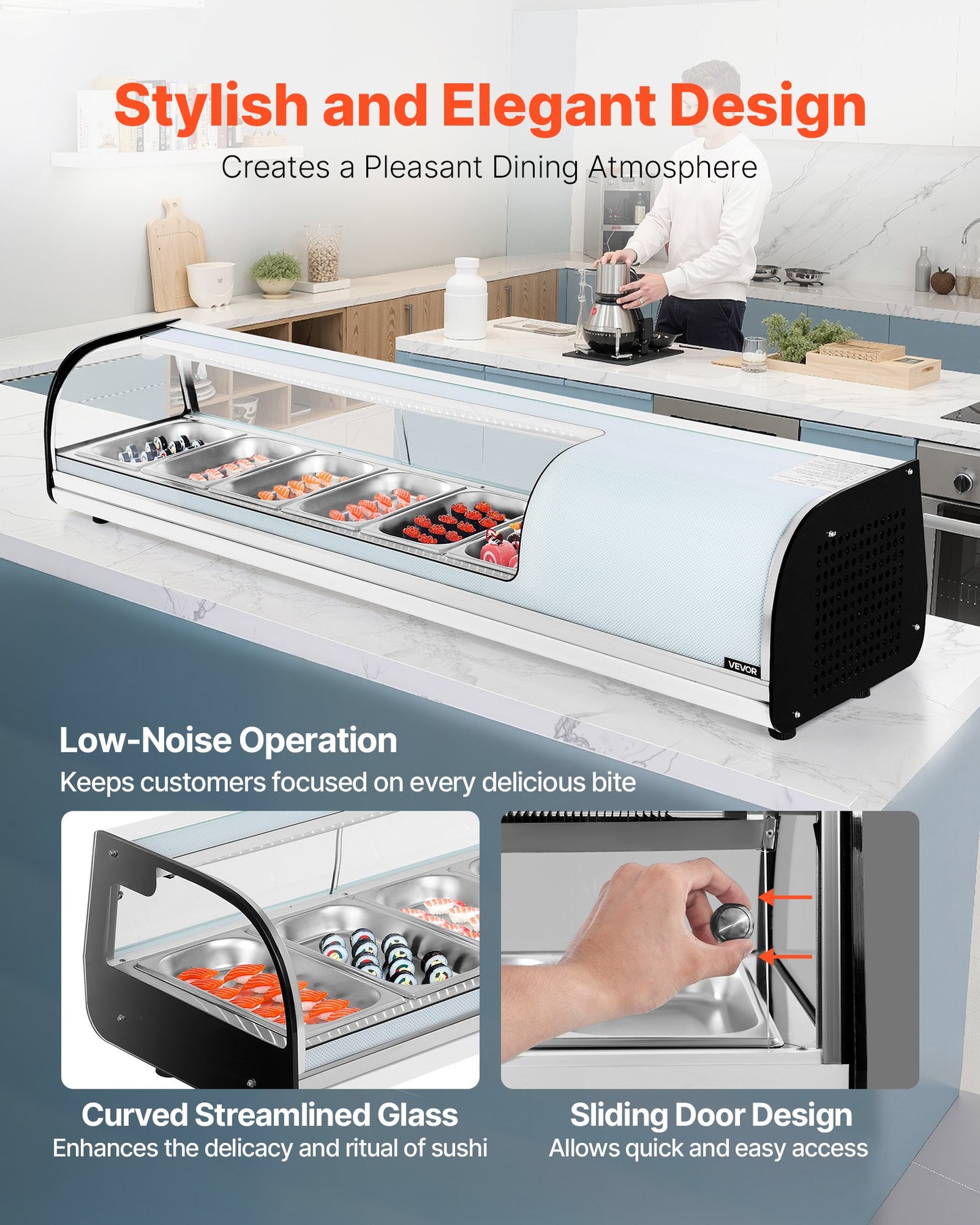 Sushi-kylskåp, 62 liters kommersiell sushilåda, bänkmonter med 6 lådor, böjt glas, LED-belysning och digital temperaturkontroll, för sushibardisk, restaurang, butik