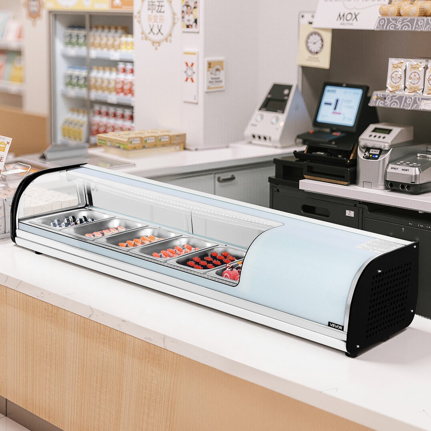 Sushi-kylskåp, 62 liters kommersiell sushilåda, bänkmonter med 6 lådor, böjt glas, LED-belysning och digital temperaturkontroll, för sushibardisk, restaurang, butik