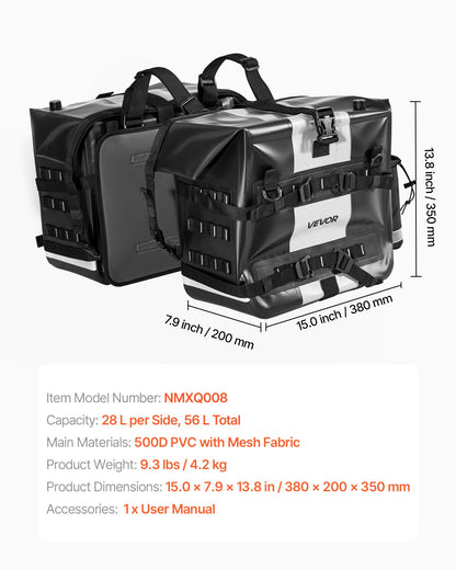 Motorcykelsadelväska, 56 L (28 L x 2) Stor sidosadelväska Kompatibel med de flesta motorcyklar, Vattentätt tyg Utomhussporter Motorcykelbagageförvaring med avtagbar innerväska, Svart