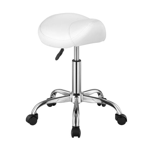 Saddle Stool with Wheels, 450 LBS Weight Capacity Ergonomic Rolling Stool, Height Adjustable Thickened PU Leather Swivel Saddle Chair for Salon, Spa, Massage, Tattoo, Clinic, White
