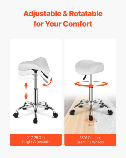 Saddle Stool with Wheels, 450 LBS Weight Capacity Ergonomic Rolling Stool, Height Adjustable Thickened PU Leather Swivel Saddle Chair for Salon, Spa, Massage, Tattoo, Clinic, White