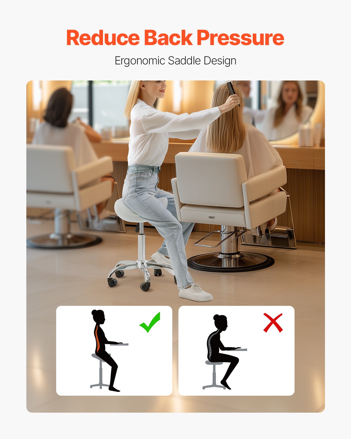 Saddle Stool with Wheels, 450 LBS Weight Capacity Ergonomic Rolling Stool, Height Adjustable Thickened PU Leather Swivel Saddle Chair for Salon, Spa, Massage, Tattoo, Clinic, White