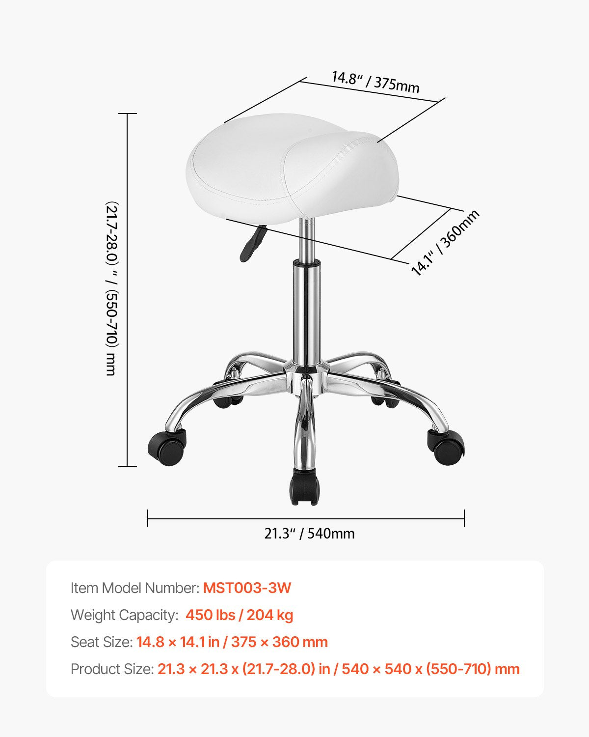 Saddle Stool with Wheels, 450 LBS Weight Capacity Ergonomic Rolling Stool, Height Adjustable Thickened PU Leather Swivel Saddle Chair for Salon, Spa, Massage, Tattoo, Clinic, White