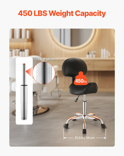 Saddle Stool with Back Support and Wheels, 450 LBS Weight Capacity Ergonomic Rolling Stool, Height Adjustable Thickened PU Leather Swivel Saddle Chair for Salon, Spa, Massage, Tattoo, Black