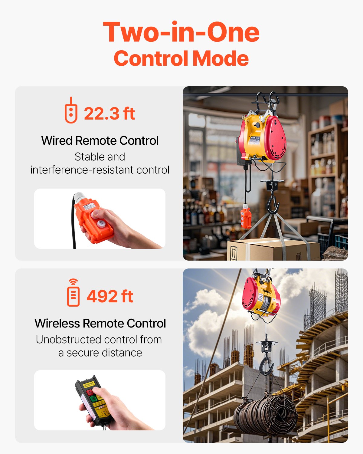 2-i-1 elektrisk vinsch med lyftfunktion, kapacitet 500 kg, 1800 W bärbar vinsch, 27 m lyfthöjd, 11 m/min med trådbunden och trådlös fjärrkontroll, för garage, lager, fabrikslyft och bogsering