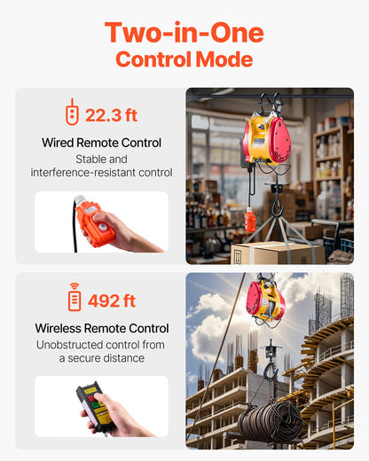2-i-1 elektrisk vinsch med lyftfunktion, kapacitet 500 kg, 1800 W bärbar vinsch, 27 m lyfthöjd, 11 m/min med trådbunden och trådlös fjärrkontroll, för garage, lager, fabrikslyft och bogsering