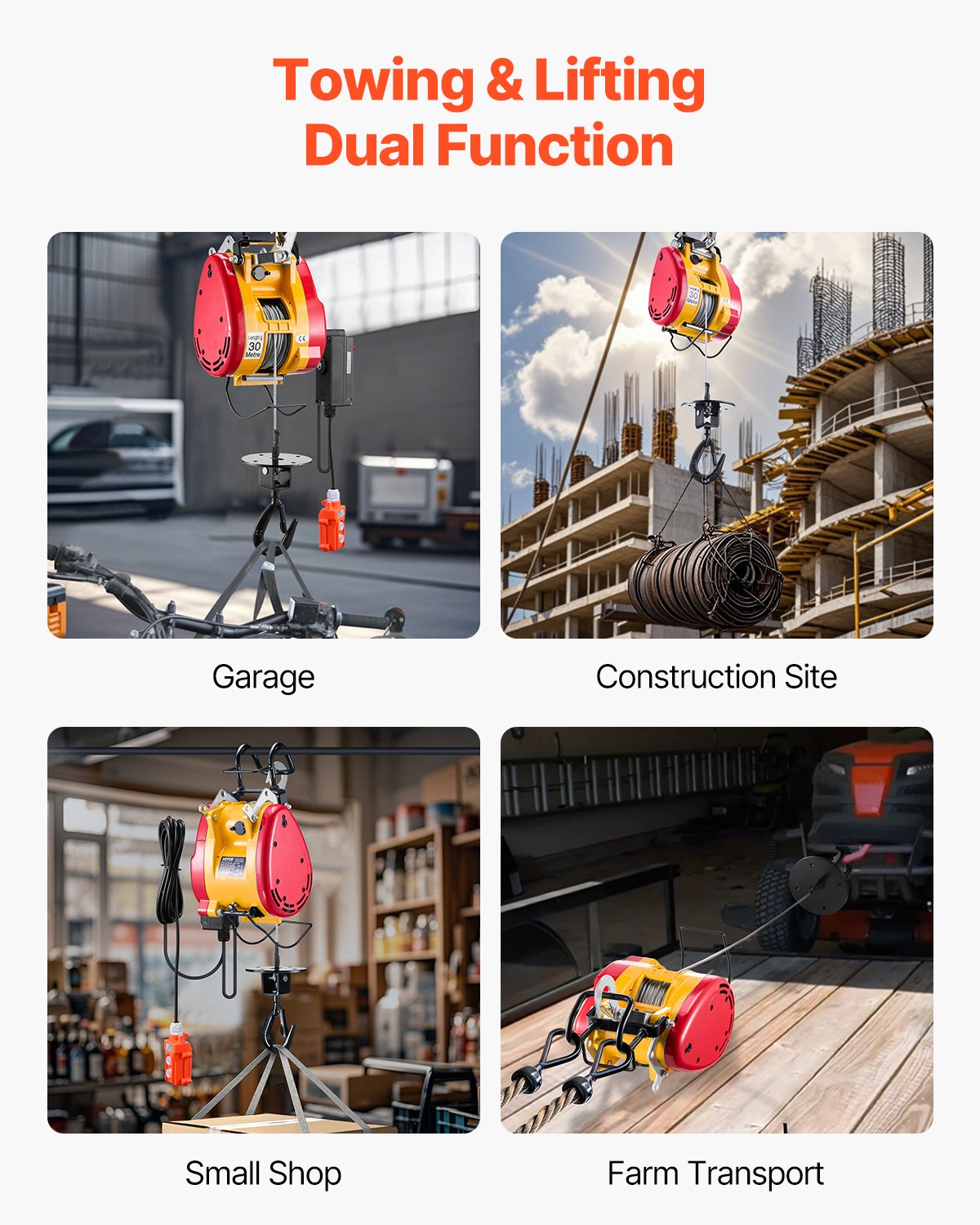 2-i-1 elektrisk vinsch med lyftfunktion, kapacitet 500 kg, 1800 W bärbar vinsch, 27 m lyfthöjd, 11 m/min med trådbunden och trådlös fjärrkontroll, för garage, lager, fabrikslyft och bogsering