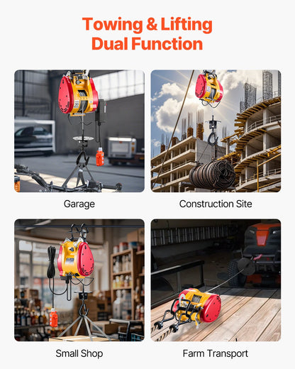 2-i-1 elektrisk vinsch med lyftfunktion, kapacitet 500 kg, 1800 W bärbar vinsch, 27 m lyfthöjd, 11 m/min med trådbunden och trådlös fjärrkontroll, för garage, lager, fabrikslyft och bogsering