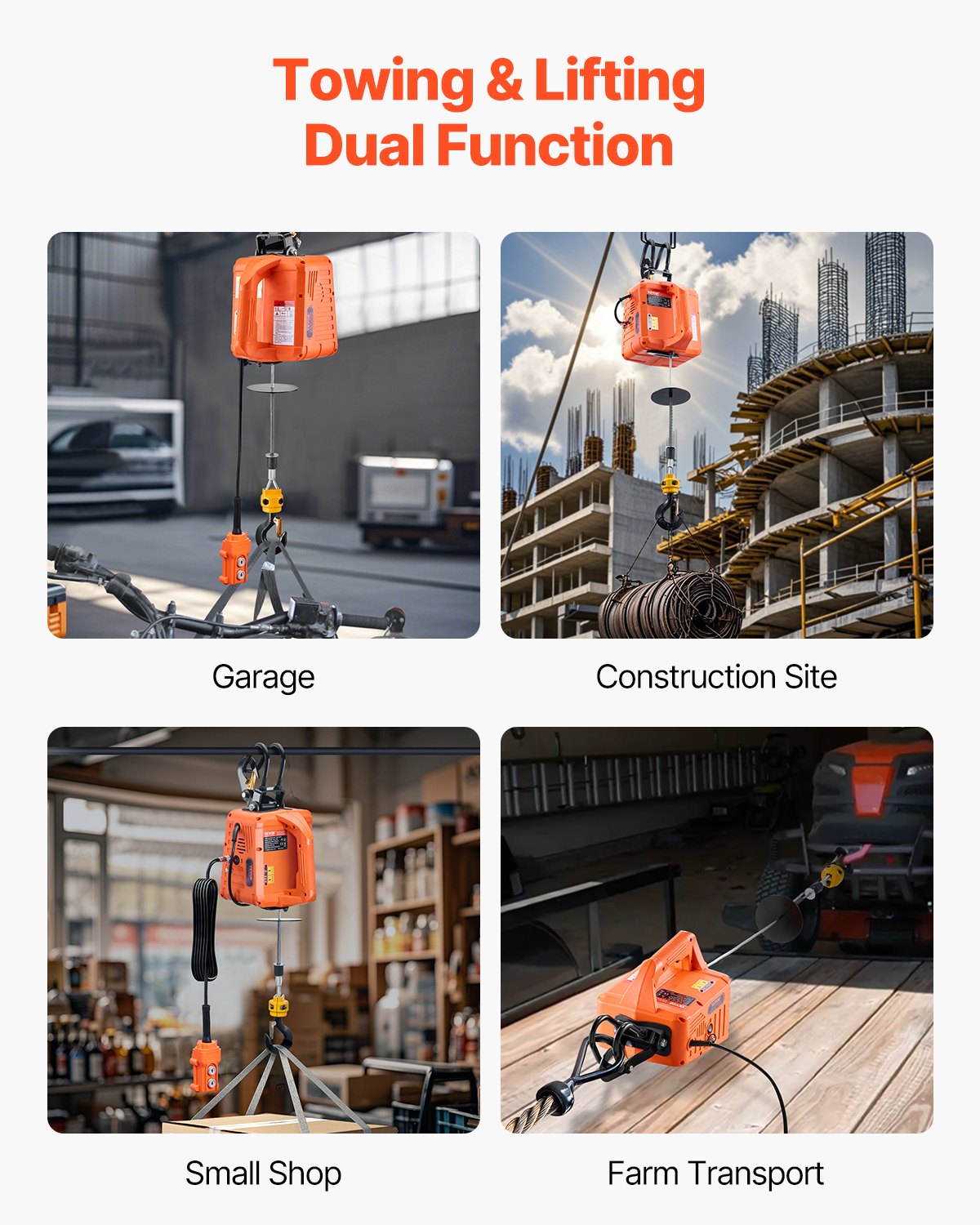 3-in-1 Electric Hoist Winch, 1100 lbs Capacity, 1500W Portable Power Winch, 30 ft Lifting Height, 16 ft/min with Wire and Wireless Remote Control, for Garage, Warehouse, Factory Lifting Towing