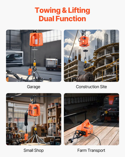 3-in-1 Electric Hoist Winch, 1100 lbs Capacity, 1500W Portable Power Winch, 30 ft Lifting Height, 16 ft/min with Wire and Wireless Remote Control, for Garage, Warehouse, Factory Lifting Towing