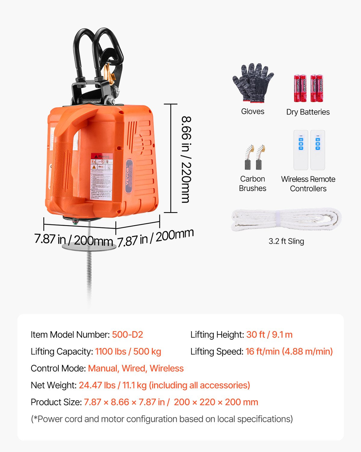 3-in-1 Electric Hoist Winch, 1100 lbs Capacity, 1500W Portable Power Winch, 30 ft Lifting Height, 16 ft/min with Wire and Wireless Remote Control, for Garage, Warehouse, Factory Lifting Towing