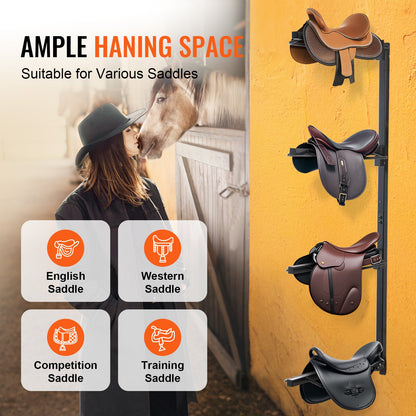 Väggmonterat sadelställ, 61 x 18 x 132 cm, fyra våningar för sadelförvaring, robust sadelställ för western och engelsk ridning, filthållare för hästsadelrum