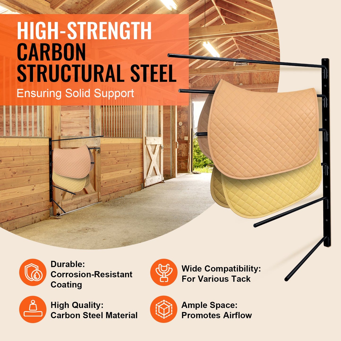 Väggmonterad sadelställning, 89 x 71 x 14 cm, utsvängbar sadelhållare, sadelställ i sex nivåer, platsbesparande hästdyna och filtställ för organisering av sadelrummet, släpvagnstillbehör