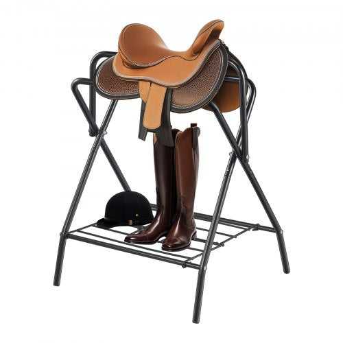 Folding Saddle Rack, 28 x 19 x 37.5 in, Freestanding Horse Saddle Stand, Portable Horse Blanket Holder, Heavy Duty Steel Saddle Rack for English & Western Saddles, Tack Storage, Black