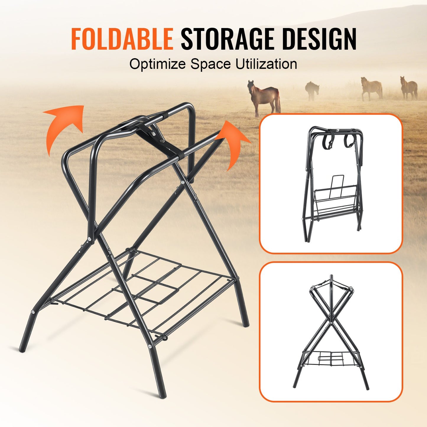 Folding Saddle Rack, 28 x 19 x 37.5 in, Freestanding Horse Saddle Stand, Portable Horse Blanket Holder, Heavy Duty Steel Saddle Rack for English & Western Saddles, Tack Storage, Black