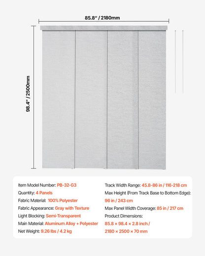 Panel Track Blinds, Extendable Track from 116 cm to 218 cm W, Trimmable Panel Curtains Up to 243cm H, Adjustable Vertical Panel Blinds for Sliding Doors, Patio Doors, Room Divider, Window, Gray