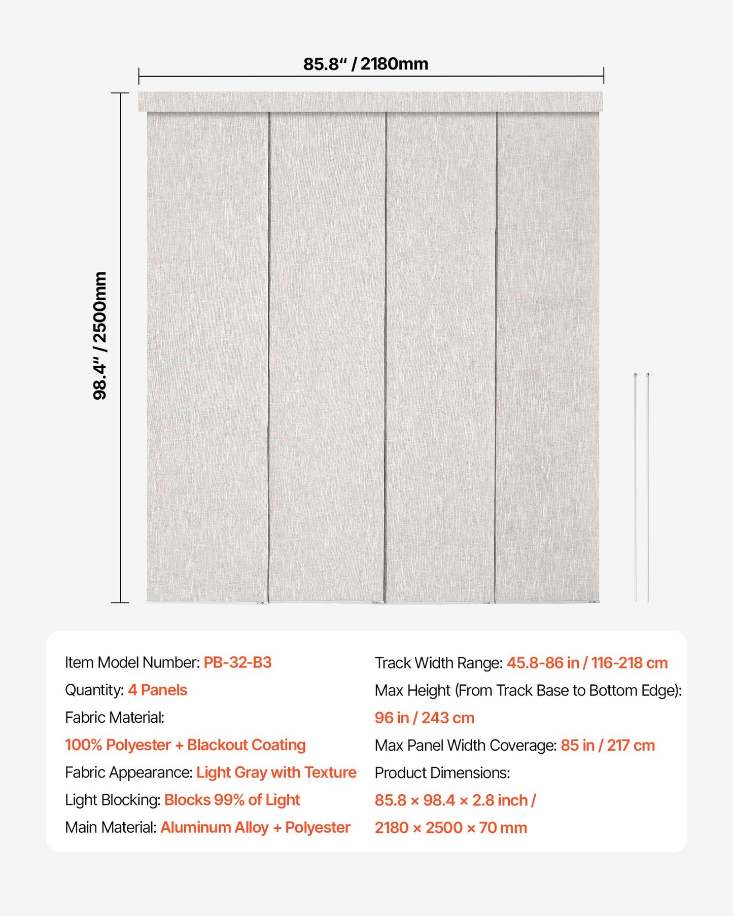 Panel Track Blinds, Extendable Track from 116 cm to 218 cm W, Trimmable Panel Curtains Up to 243cm H, Vertical Blackout Panel Blinds for Sliding Doors, Patio Doors, Room Divider, Light Gray