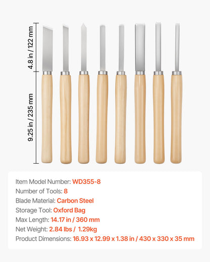 Träsvarvverktygssats, 8 delar, svarvmejselsats med kolstålsblad, 2 sneda delar, 1 spets, 1 avstickning, 1 rund nos, 3 mejslar, 1 oxfordväska, för nybörjare, hobbyister, proffs