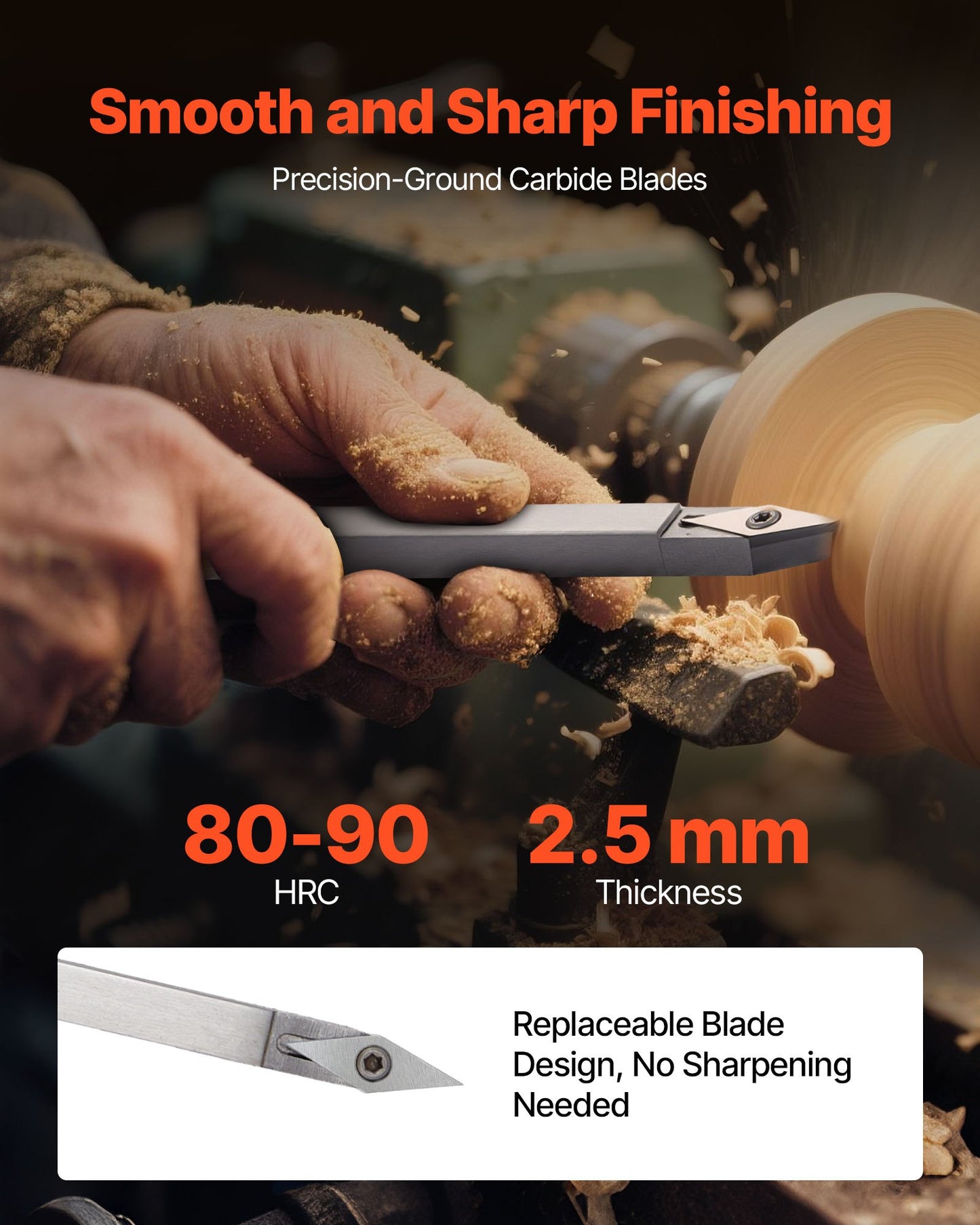 Wood Lathe Turning Tool Set, 6PCS, Lathe Roughing, Finishing, Detailing Hollow Tool with Wooden Handle, Diamond Round Square Carbide Inserts, Wooden Box, for Beginners, Hobbyists, Professionals