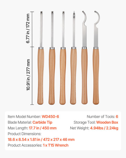 Wood Lathe Turning Tool Set, 6PCS, Lathe Roughing, Finishing, Detailing Hollow Tool with Wooden Handle, Diamond Round Square Carbide Inserts, Wooden Box, for Beginners, Hobbyists, Professionals