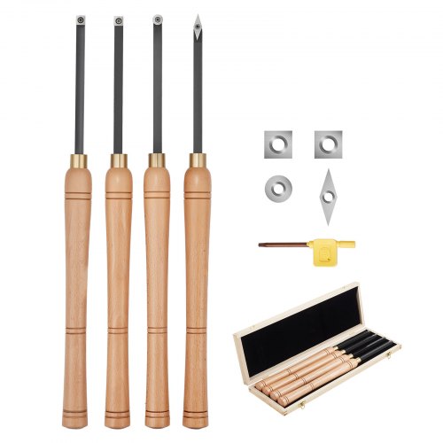 Wood Lathe Turning Tool Set, 4PCS, Lathe Roughing Finishing and Detailing Hollow Tool with Wooden Handle, Diamond Round Square Carbide Inserts, Wooden Box, for Beginners Hobbyists Professionals