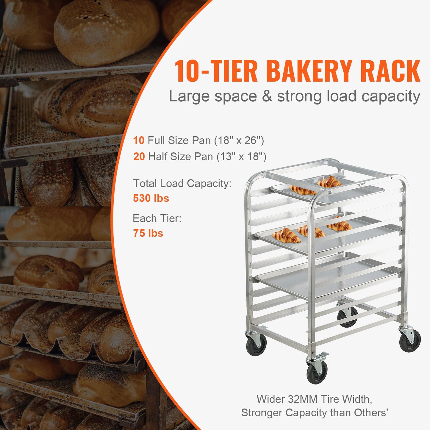 Bun Pan Rack, 10-Tier Commercial Bakery Racks with Brake Wheels, Aluminum Racking Trolley Storage for Half & Full Sheet, Speed Rack For Kitchen Home, Bread Baking Equipment, 26"L x 20.3"W x 39"H