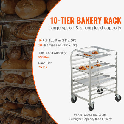 Bun Pan Rack, 10-Tier Commercial Bakery Racks with Brake Wheels, Aluminum Racking Trolley Storage for Half & Full Sheet, Speed Rack For Kitchen Home, Bread Baking Equipment, 26"L x 20.3"W x 39"H
