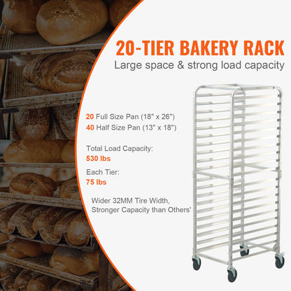 Bun Pan Rack, 20-Tier Commercial Bakery Racks with Brake Wheels, Aluminum Racking Trolley Storage for Half & Full Sheet, Speed Rack For Kitchen Home, Bread Baking Equipment, 66 x 51.8 x 177.8 cm