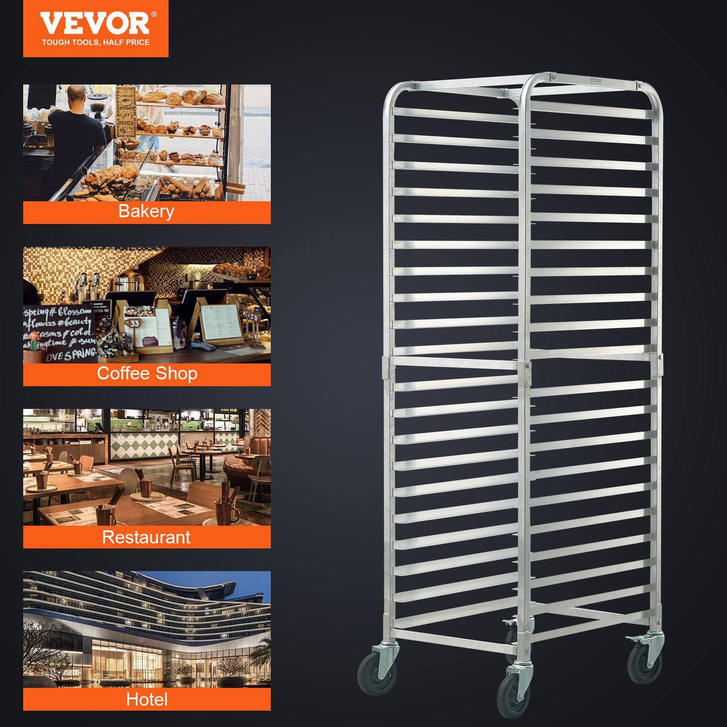 Bun Pan Rack, 20-Tier Commercial Bakery Racks with Brake Wheels, Aluminum Racking Trolley Storage for Half & Full Sheet, Speed Rack For Kitchen Home, Bread Baking Equipment, 66 x 51.8 x 177.8 cm