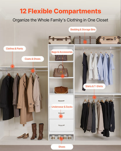 Garderobssystem med 3 lådor, justerbar höjd för garderobsorganisatörer i trä, modern klädkammare med 3 utdragbara galgar, fristående klädställ, vit