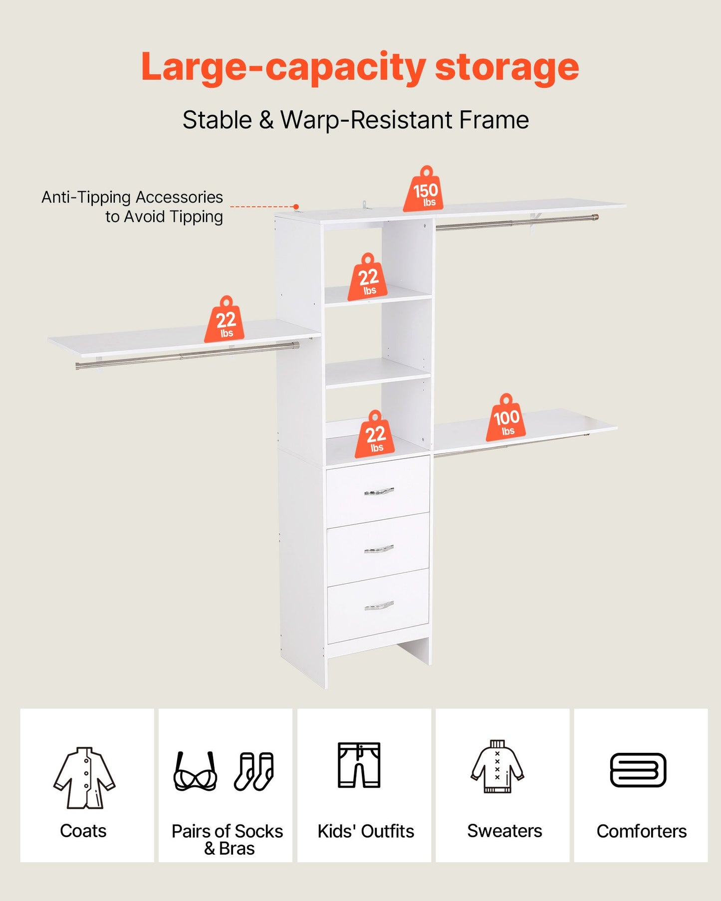 Garderobssystem med 3 lådor, justerbar höjd för garderobsorganisatörer i trä, modern klädkammare med 3 utdragbara galgar, fristående klädställ, vit