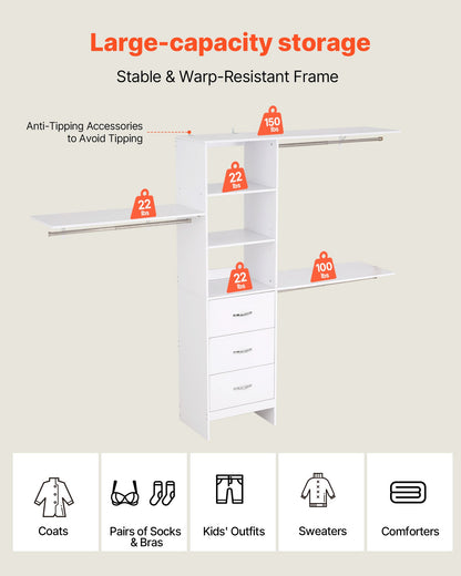 Garderobssystem med 3 lådor, justerbar höjd för garderobsorganisatörer i trä, modern klädkammare med 3 utdragbara galgar, fristående klädställ, vit