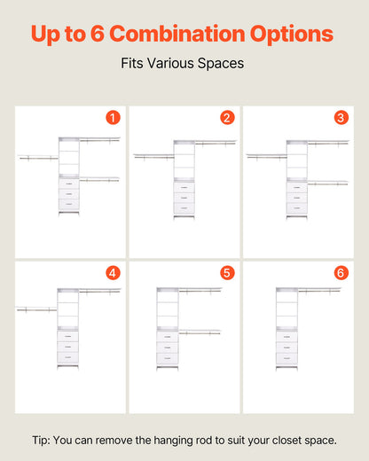 Garderobssystem med 3 lådor, justerbar höjd för garderobsorganisatörer i trä, modern klädkammare med 3 utdragbara galgar, fristående klädställ, vit