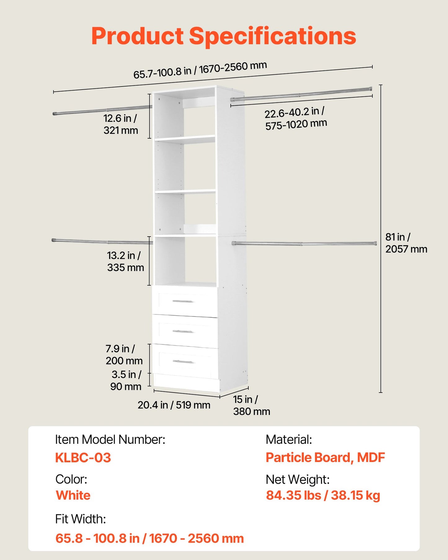 Garderobssystem med 3 lådor, justerbar höjd i trä, modern klädkammare med 4 utdragbara galgar, fristående klädställ, vit