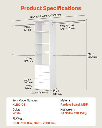 Garderobssystem med 3 lådor, justerbar höjd i trä, modern klädkammare med 4 utdragbara galgar, fristående klädställ, vit