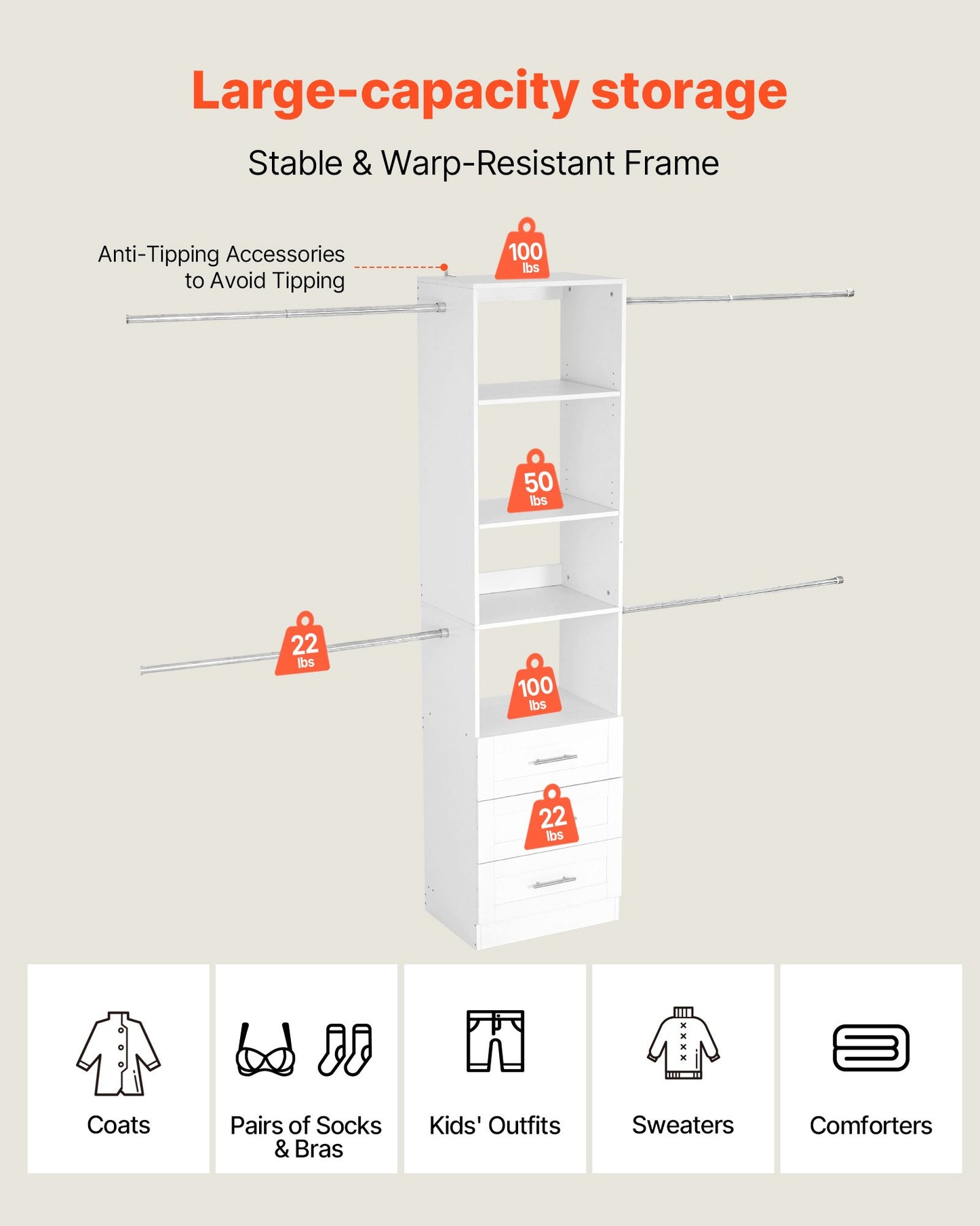 Garderobssystem med 3 lådor, justerbar höjd i trä, modern klädkammare med 4 utdragbara galgar, fristående klädställ, vit