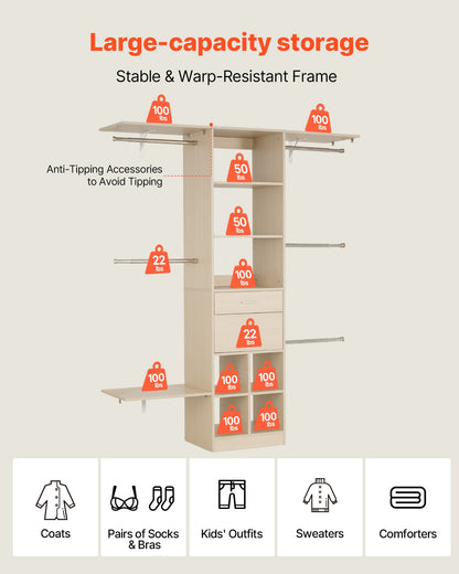 Garderobssystem med 2 lådor, justerbar höjd i trä, modern klädkammare med 5 utdragbara galgar, fristående klädställ, grå