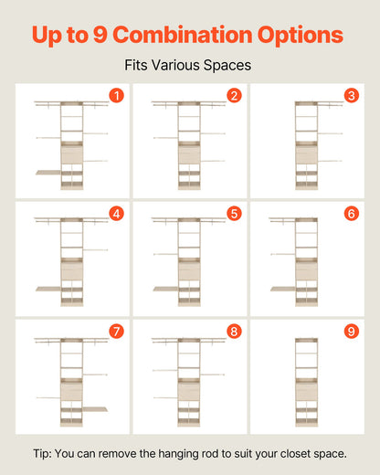 Garderobssystem med 2 lådor, justerbar höjd i trä, modern klädkammare med 5 utdragbara galgar, fristående klädställ, grå