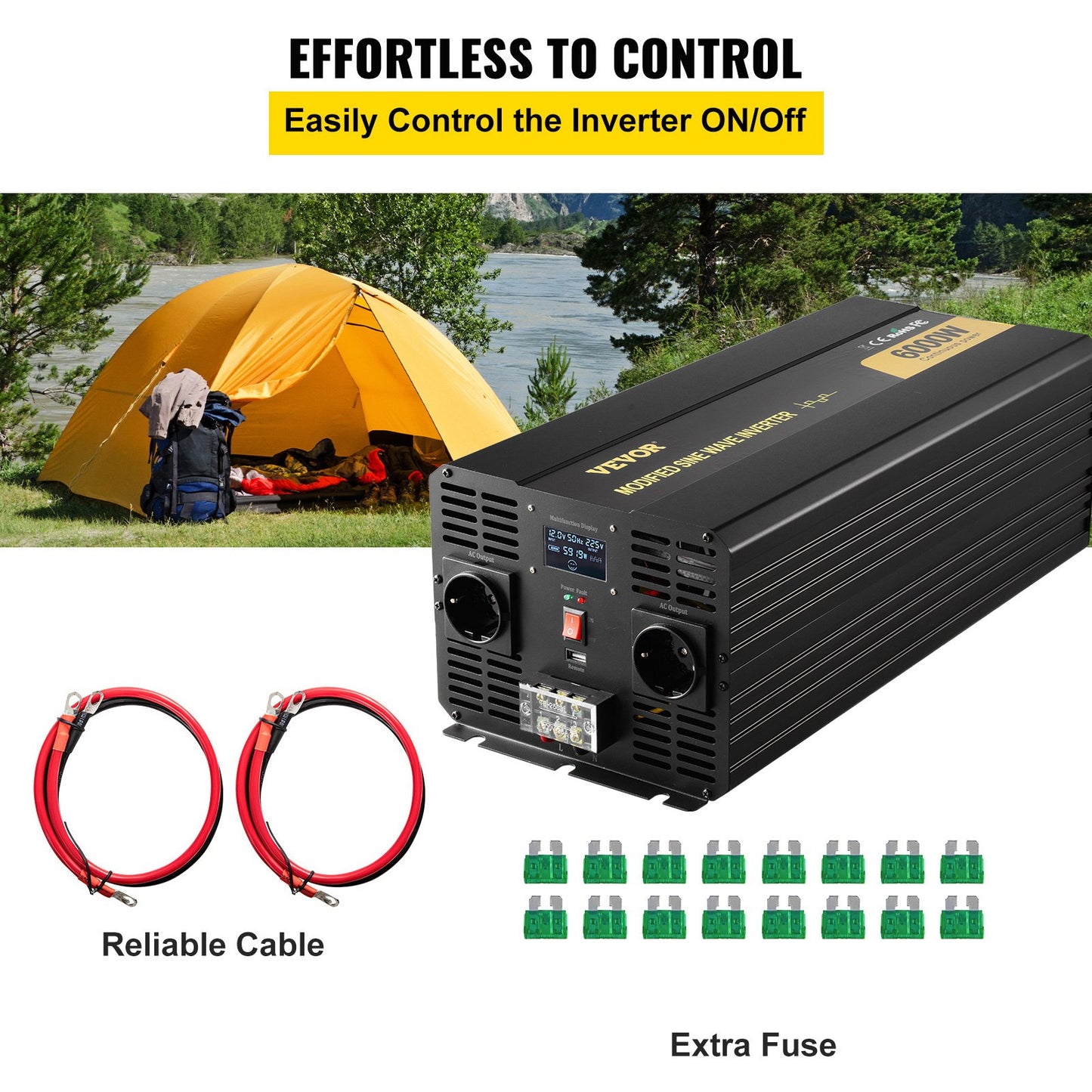 Power Inverter, 6000W, Modified Sine Wave Inverter DC 12V to AC 230V Car Converter with LCD Display Remote Controller, LED Indicators EU Outlets Power Inverter, for Car RV Truck Boat Travel Camping