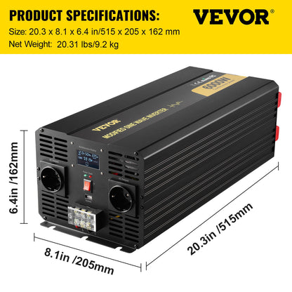 Power Inverter, 6000W, Modified Sine Wave Inverter DC 12V to AC 230V Car Converter with LCD Display Remote Controller, LED Indicators EU Outlets Power Inverter, for Car RV Truck Boat Travel Camping