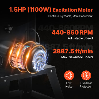 Bandsåg, 340 mm / 13,39 tum, bänkbandsåg med stativ, 440–846 varv/min kontinuerligt varvtal, 1100 W 1,5 hk, 220 V, optimerad arbetslampa och geringsmått, för träbearbetning aluminium trä metall koppar