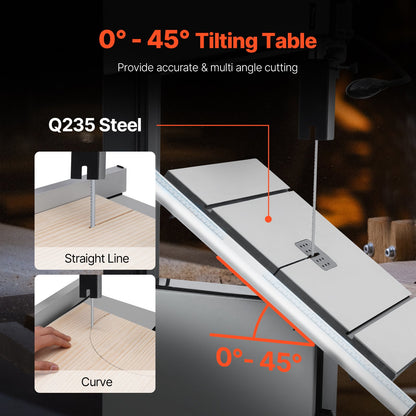 Bandsåg, 340 mm / 13,39 tum, bänkbandsåg med stativ, 440–846 varv/min kontinuerligt varvtal, 1100 W 1,5 hk, 220 V, optimerad arbetslampa och geringsmått, för träbearbetning aluminium trä metall koppar
