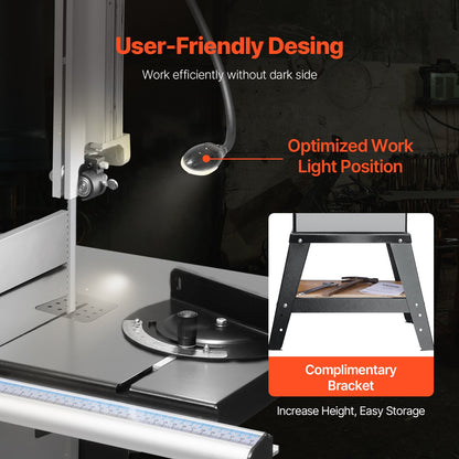 Bandsåg, 340 mm / 13,39 tum, bänkbandsåg med stativ, 440–846 varv/min kontinuerligt varvtal, 1100 W 1,5 hk, 220 V, optimerad arbetslampa och geringsmått, för träbearbetning aluminium trä metall koppar