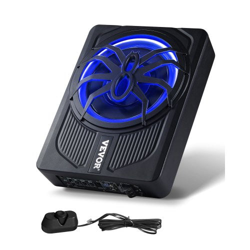 10" 440W Underseat Car Subwoofer, Slim Powered Car Subwoofers with Blue Ambient Light, Low Profile Audio Sub Under the Seat with Built-in Amplifier, Remote Controller for SUVs, Car, Truck, RV