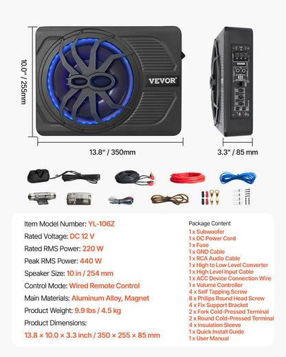10" 440W subwoofer för undersätet, smala, drivna subwoofers med blått omgivningsljus, lågprofilsubwoofer under sätet med inbyggd förstärkare, fjärrkontroll för stadsjeepar, bil, lastbil, husbil