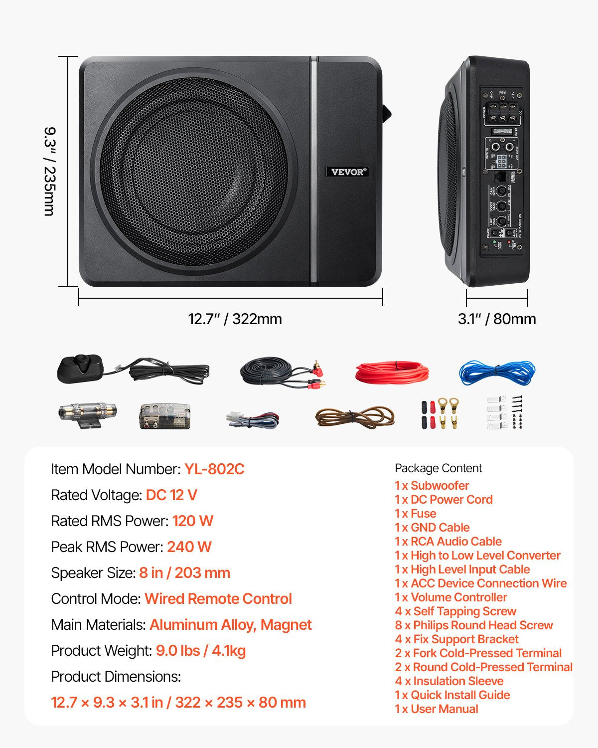 8" 240W Underseat Car Subwoofer, Slim Powered Car Subwoofers Under the Seat, Low Profile Audio Sub Built-in Amplifier, High/Low Level Input & Volume Controller for SUVs, Car, Truck, RV
