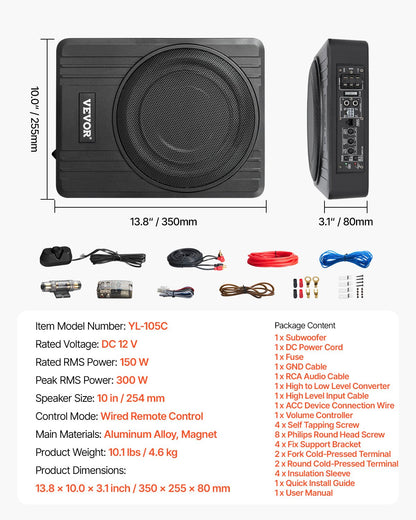 10" 300W subwoofer för undersätet, smala, drivna subwoofers för bil under sätet, inbyggd lågprofilsubwooferförstärkare, hög-/lågnivåingång och volymkontroll för stadsjeepar, bil, lastbil, husbil